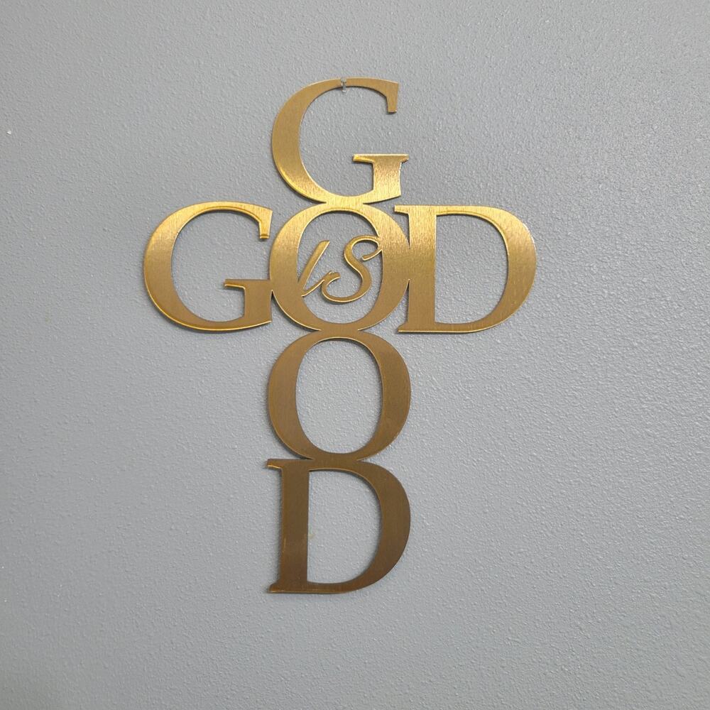 God Is Good Black Metal Cross Wall Sign Decor Rustic Gold Letters 11x8.75